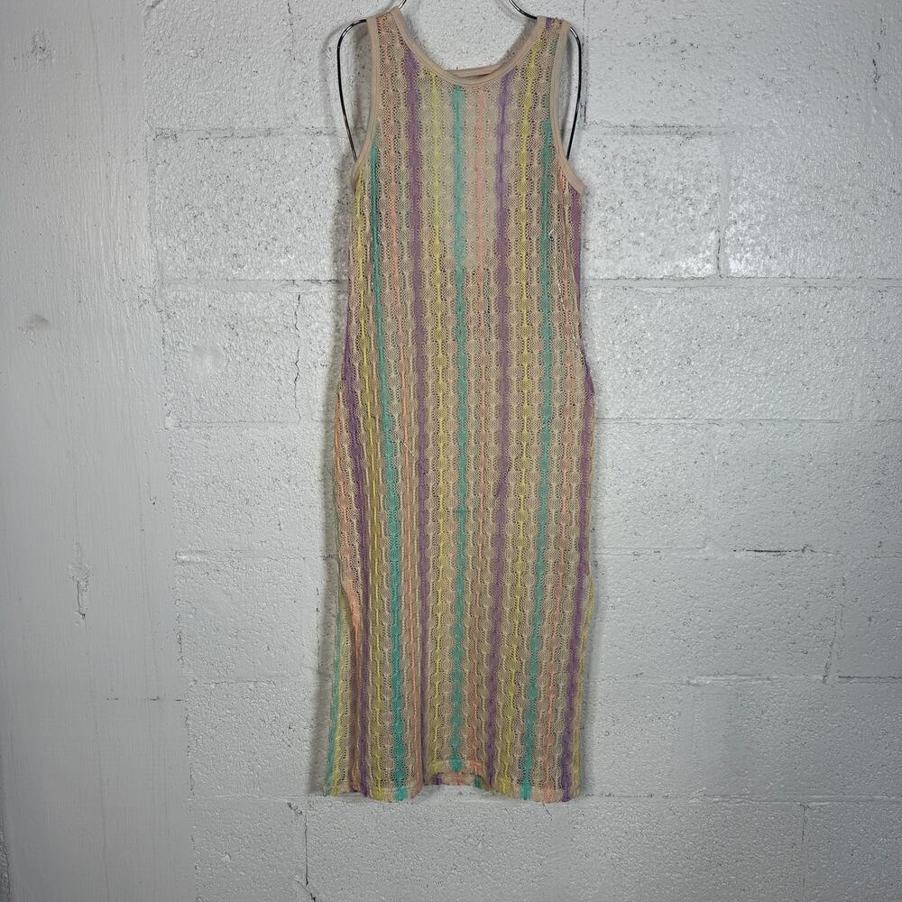 Miken Women's Open Knit Sleeveless Cover up Dress Sand/Peach/Blue, Small